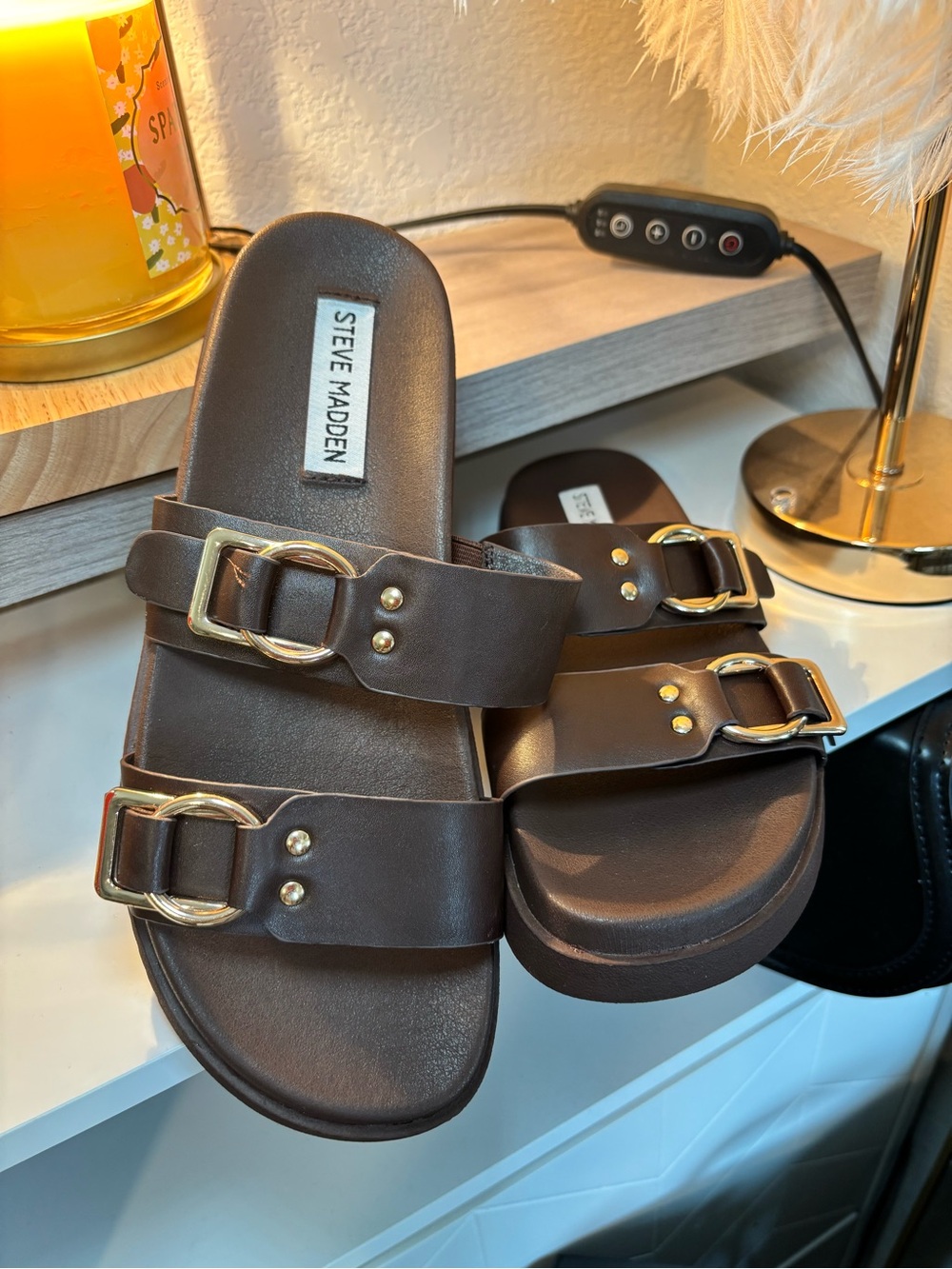 Steve Madden Dark Brown Double-Buckle Slide Sandals with Gold Hardware
